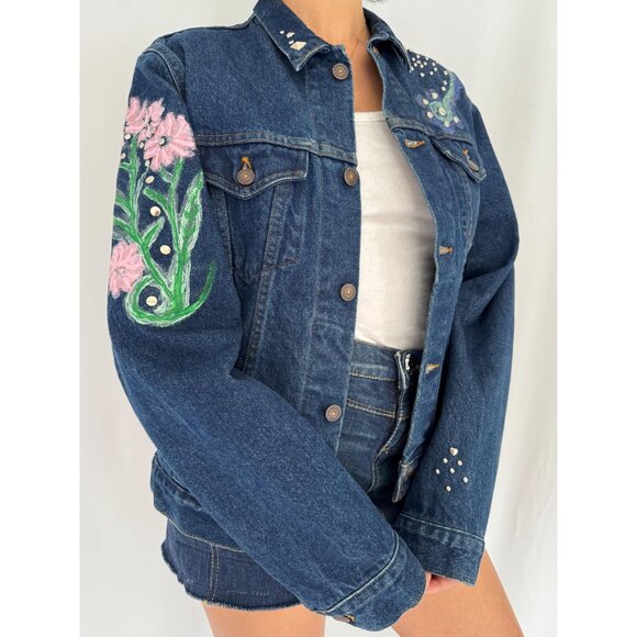 90s vintage blue denim embellished hand painted flowers jean jacket medium - Picture 7 of 9